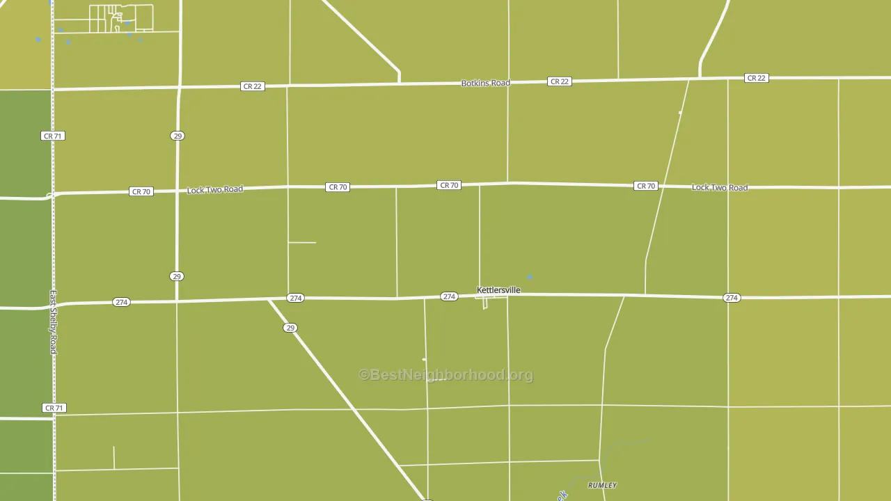 Map of the best neighborhoods in the Kettlersville area, with better matches in green and worse matches in red