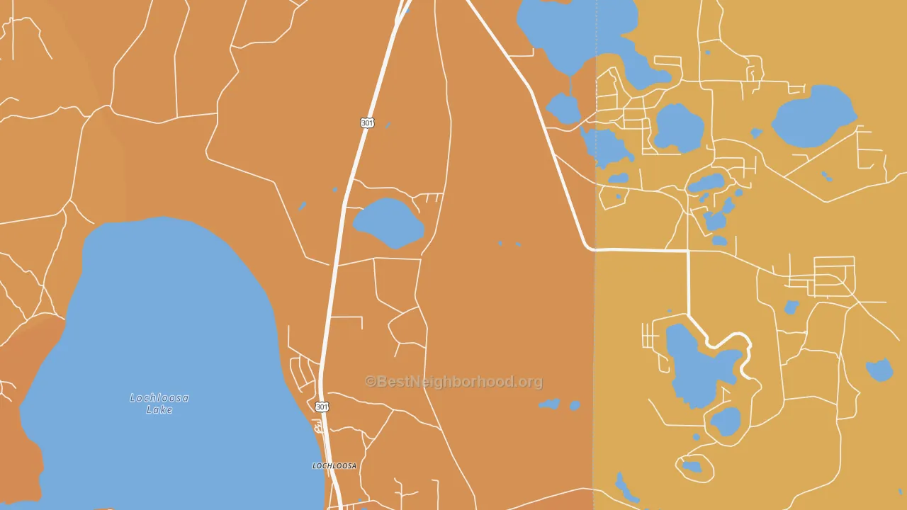 Map of the best neighborhoods in the Keuka area, with better matches in green and worse matches in red