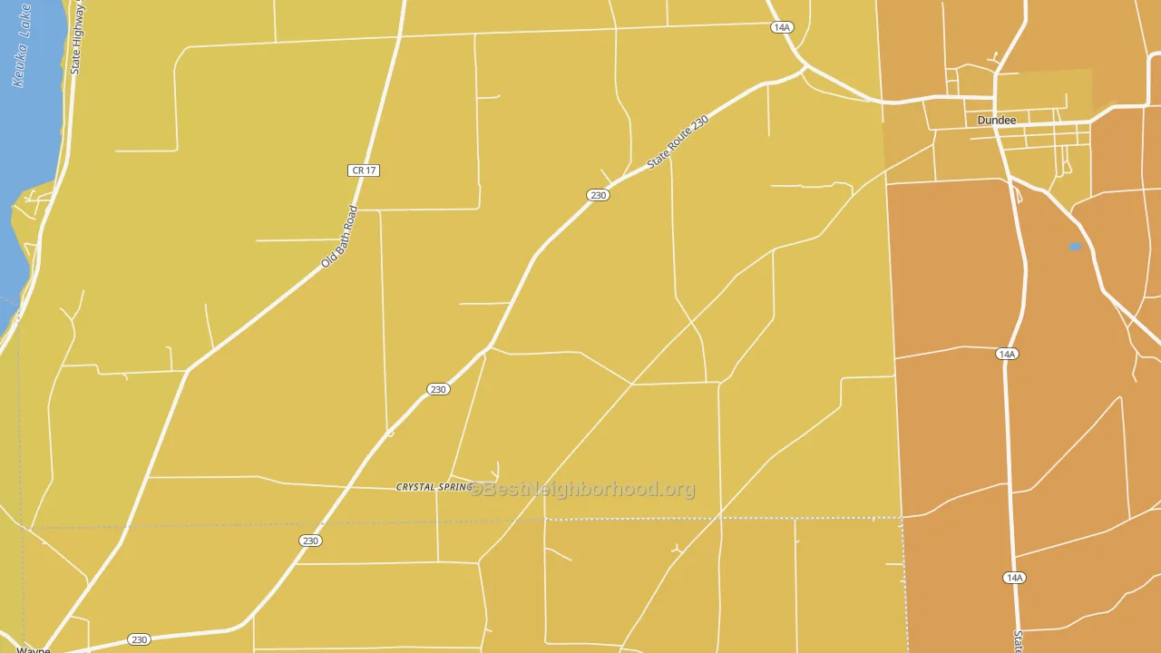 Map of the best neighborhoods in the Keuka area, with better matches in green and worse matches in red