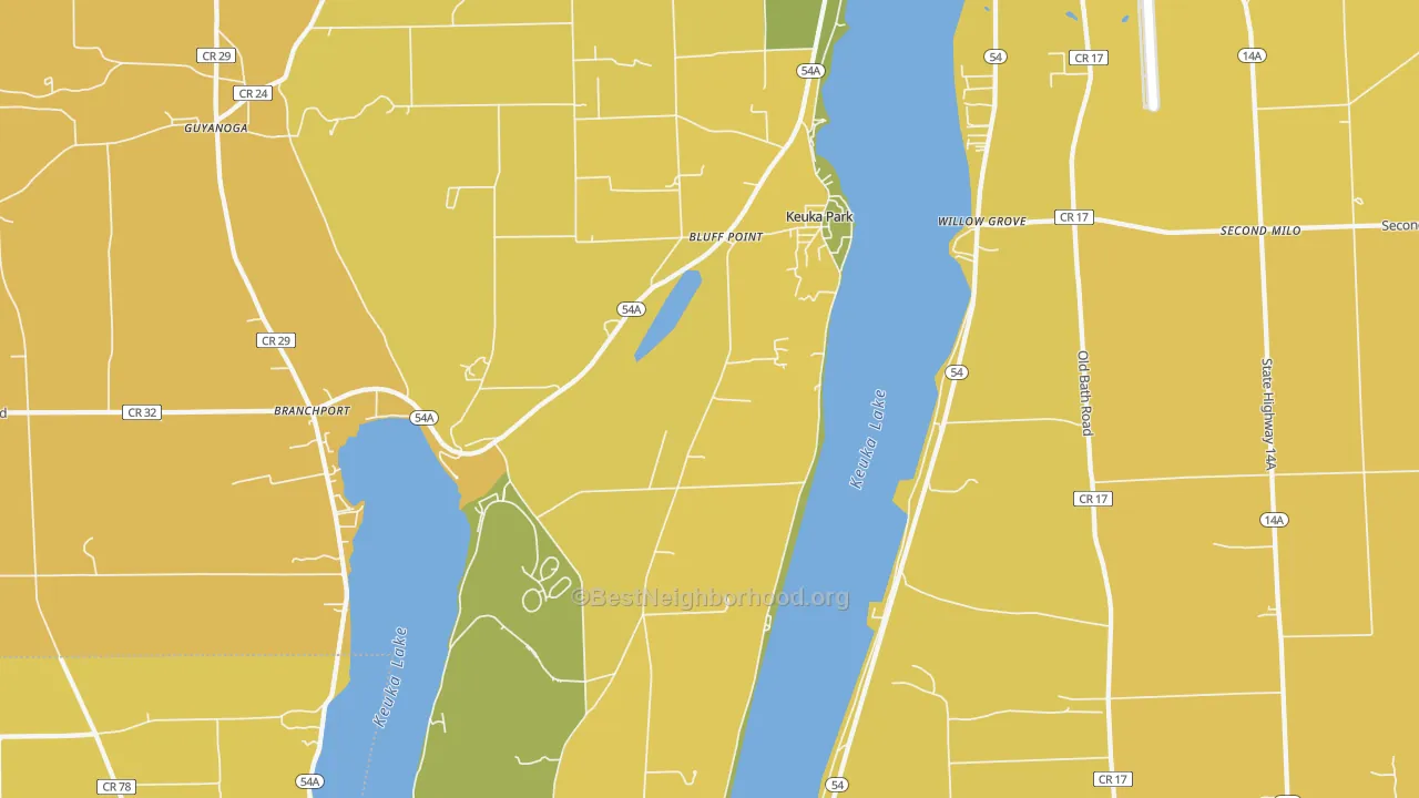 Map of the best neighborhoods in the Keuka Park area, with better matches in green and worse matches in red