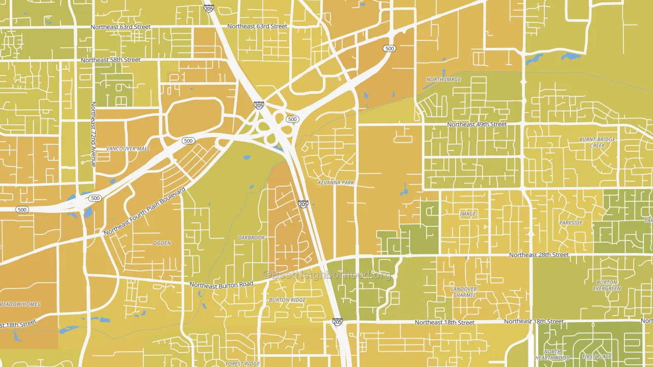Map of the best neighborhoods in the Kevanna Park, Vancouver area, with better matches in green and worse matches in red