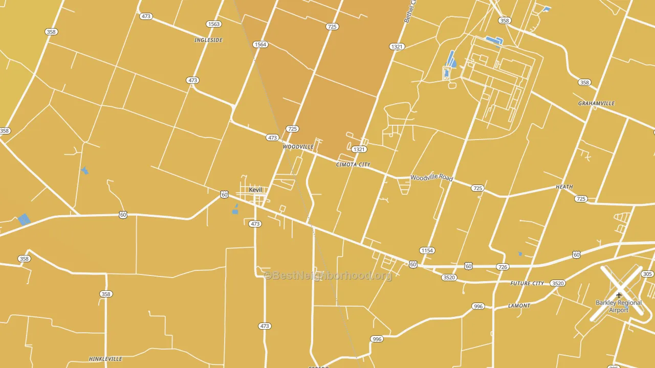 Map of the best neighborhoods in the Kevil area, with better matches in green and worse matches in red