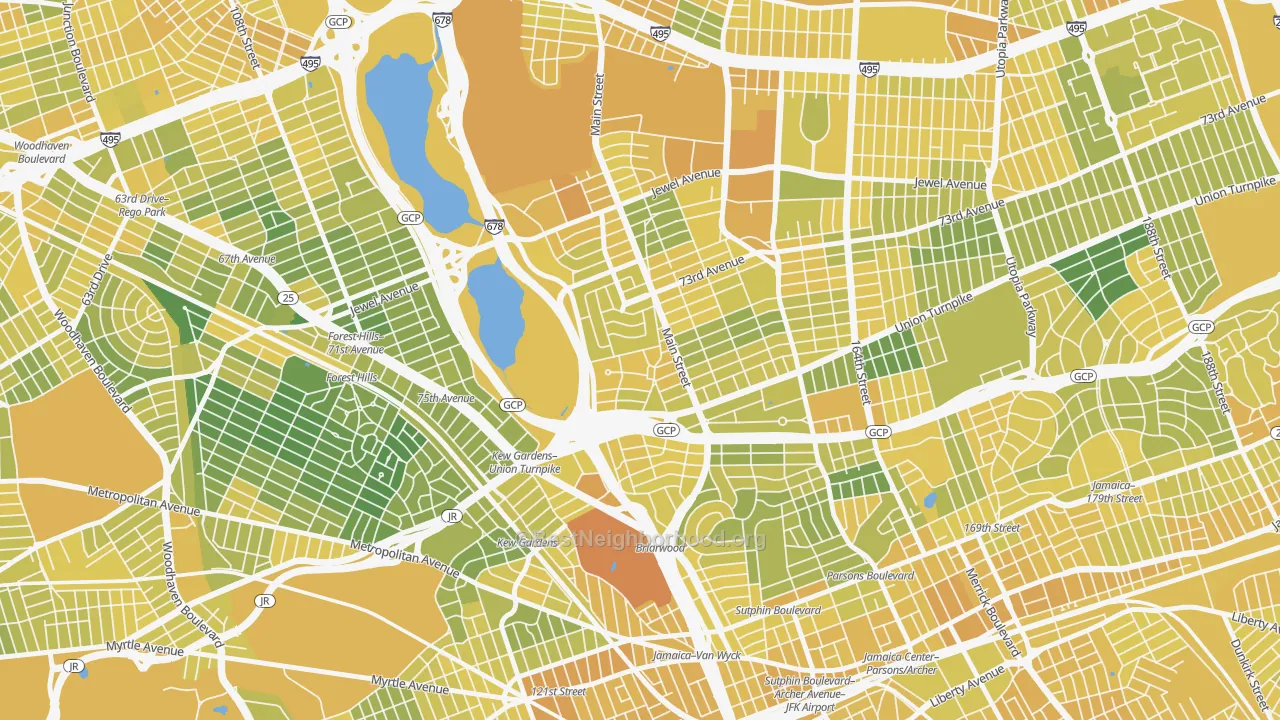 Map of the best neighborhoods in the Kew Ggardens, Queens area, with better matches in green and worse matches in red