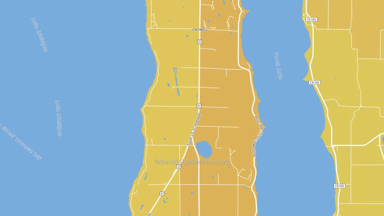 Map of the best neighborhoods in the Kewadin area, with better matches in green and worse matches in red