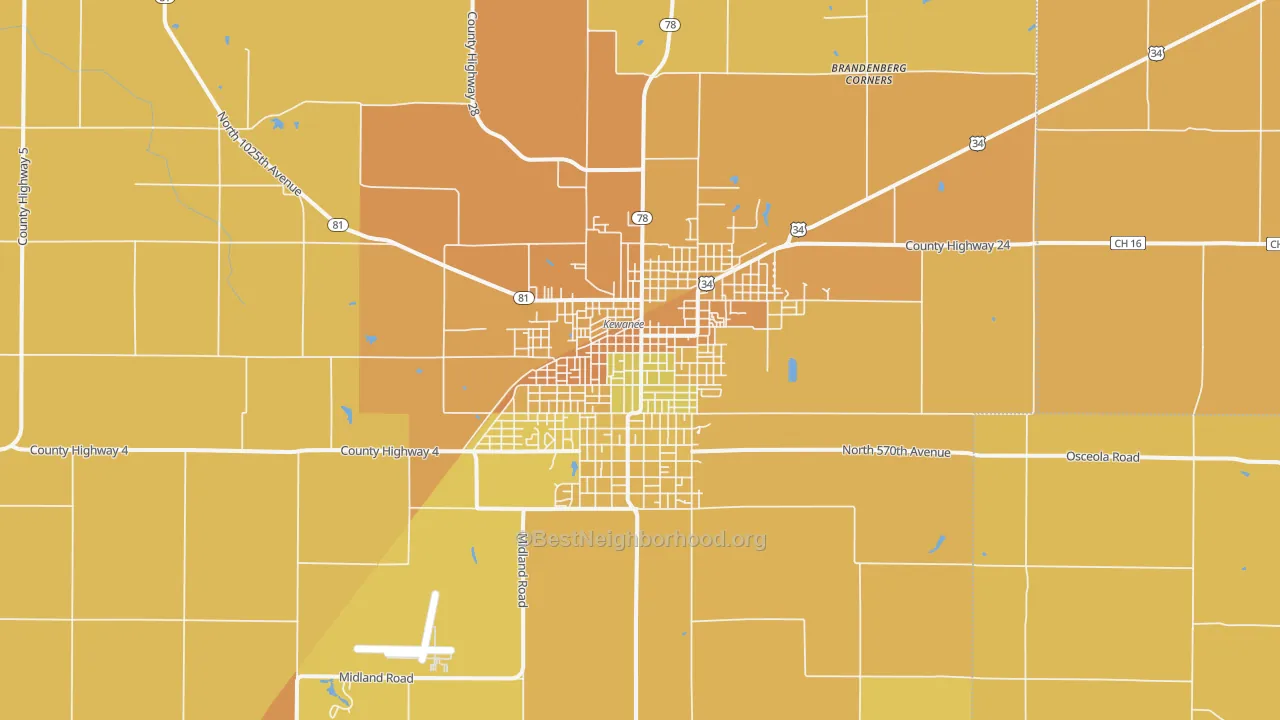 Map of the best neighborhoods in the Kewanee area, with better matches in green and worse matches in red