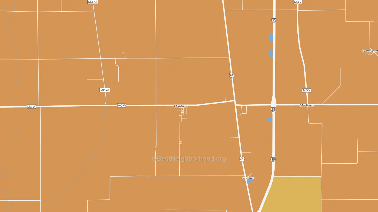 Map of the best neighborhoods in the Kewanee area, with better matches in green and worse matches in red