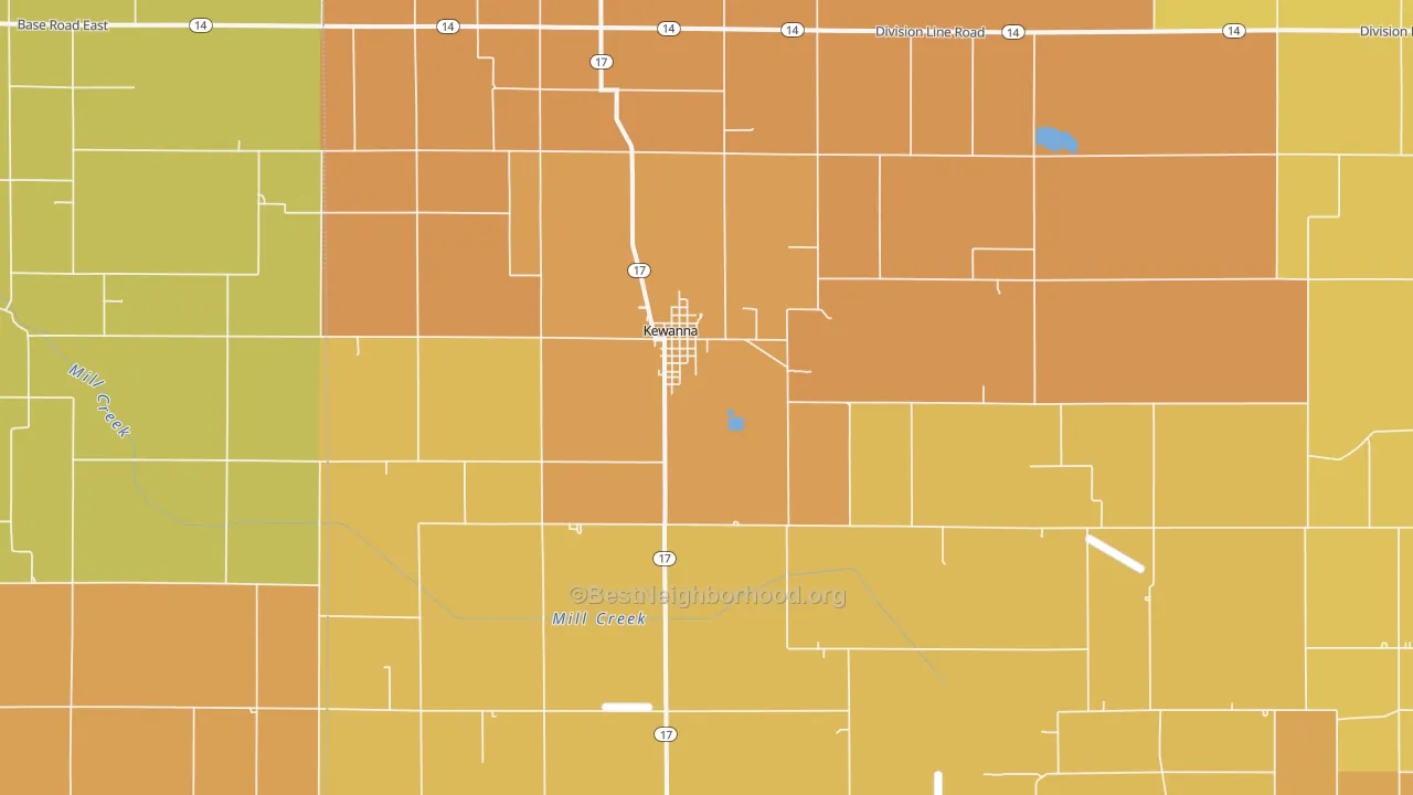 Map of the best neighborhoods in the Kewanna area, with better matches in green and worse matches in red