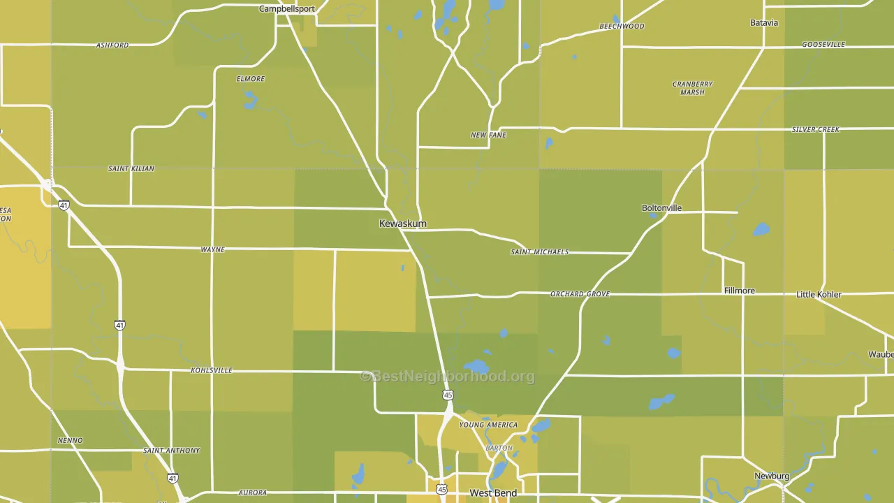 Map of the best neighborhoods in the Kewaskum area, with better matches in green and worse matches in red