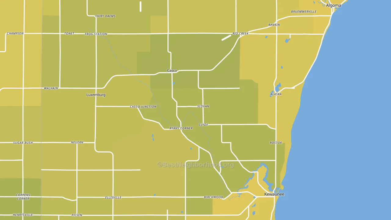 Map of the best neighborhoods in the Kewaunee County area, with better matches in green and worse matches in red