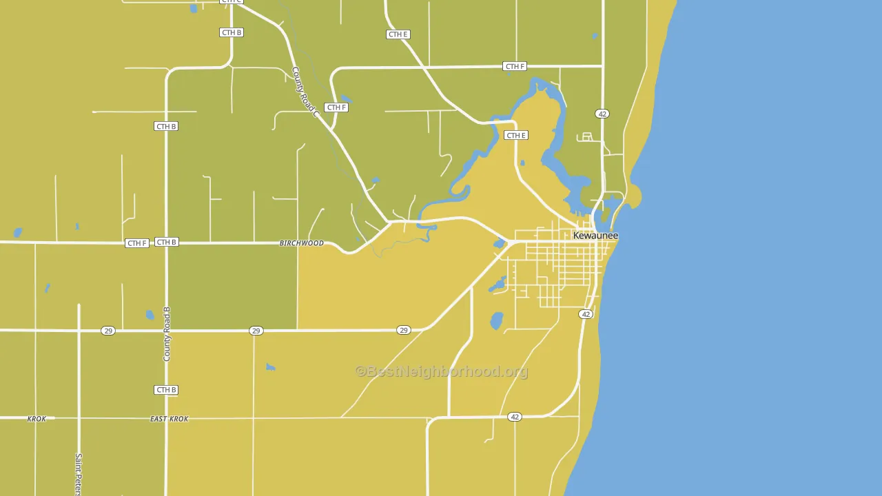 Map of the best neighborhoods in the Kewaunee area, with better matches in green and worse matches in red