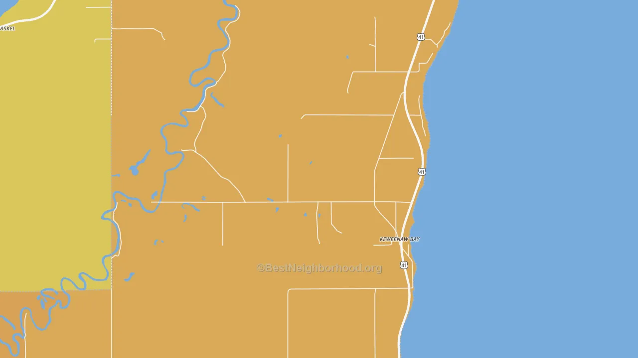 Map of the best neighborhoods in the Keweenaw Bay area, with better matches in green and worse matches in red