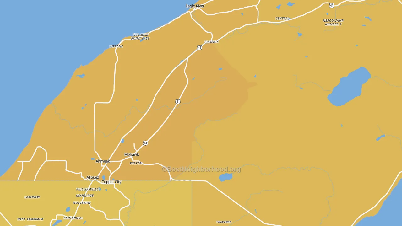 Map of the best neighborhoods in the Keweenaw County area, with better matches in green and worse matches in red