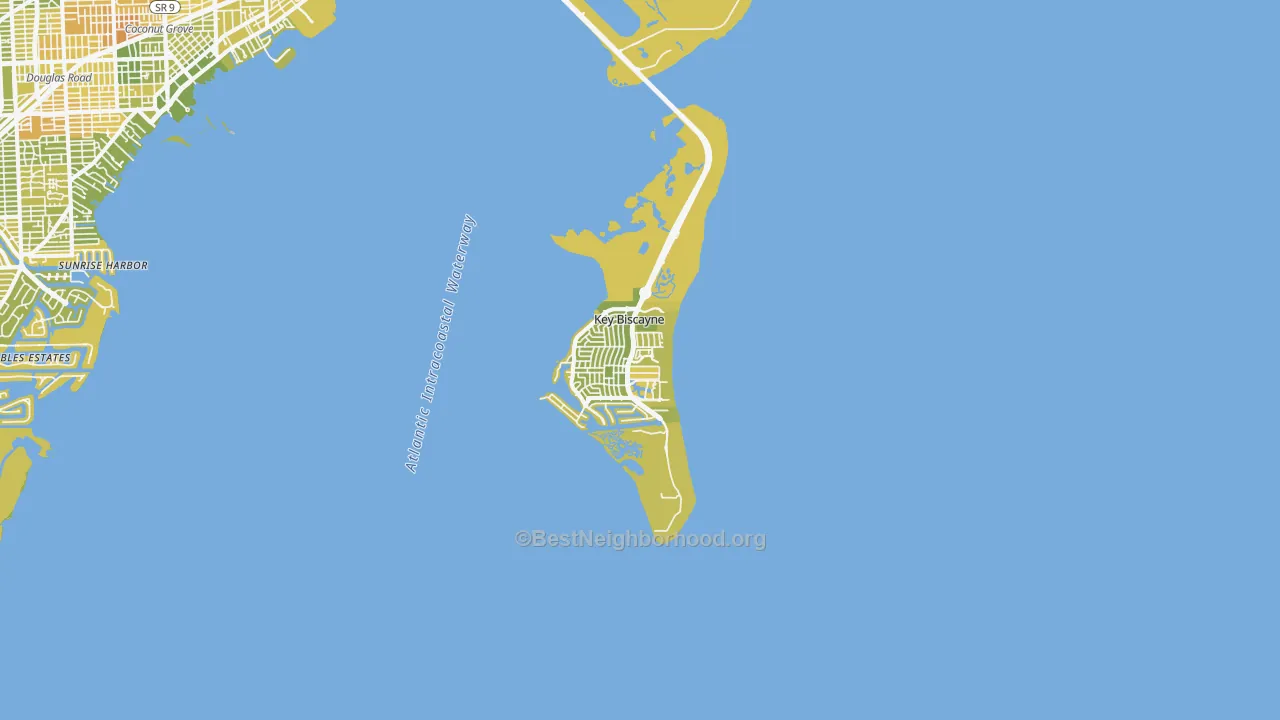 Map of the best neighborhoods in the Key Biscayne area, with better matches in green and worse matches in red