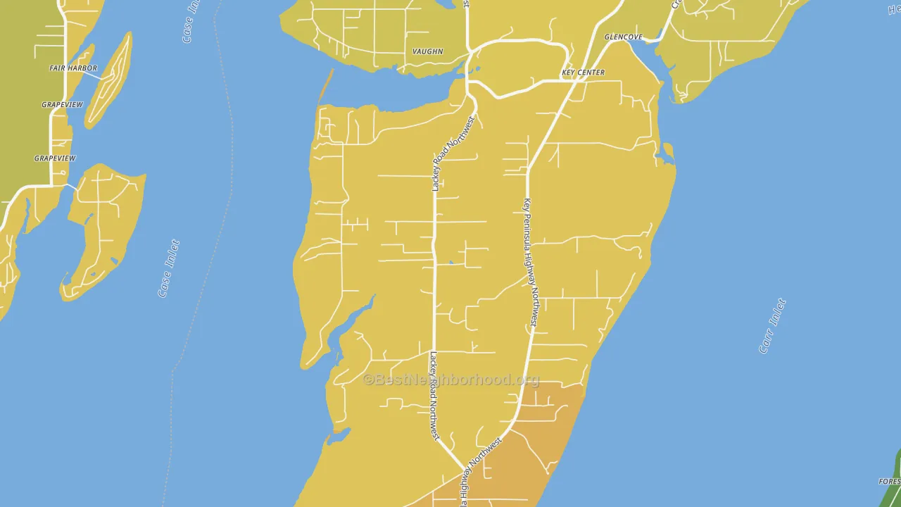 Map of the best neighborhoods in the Key Center area, with better matches in green and worse matches in red