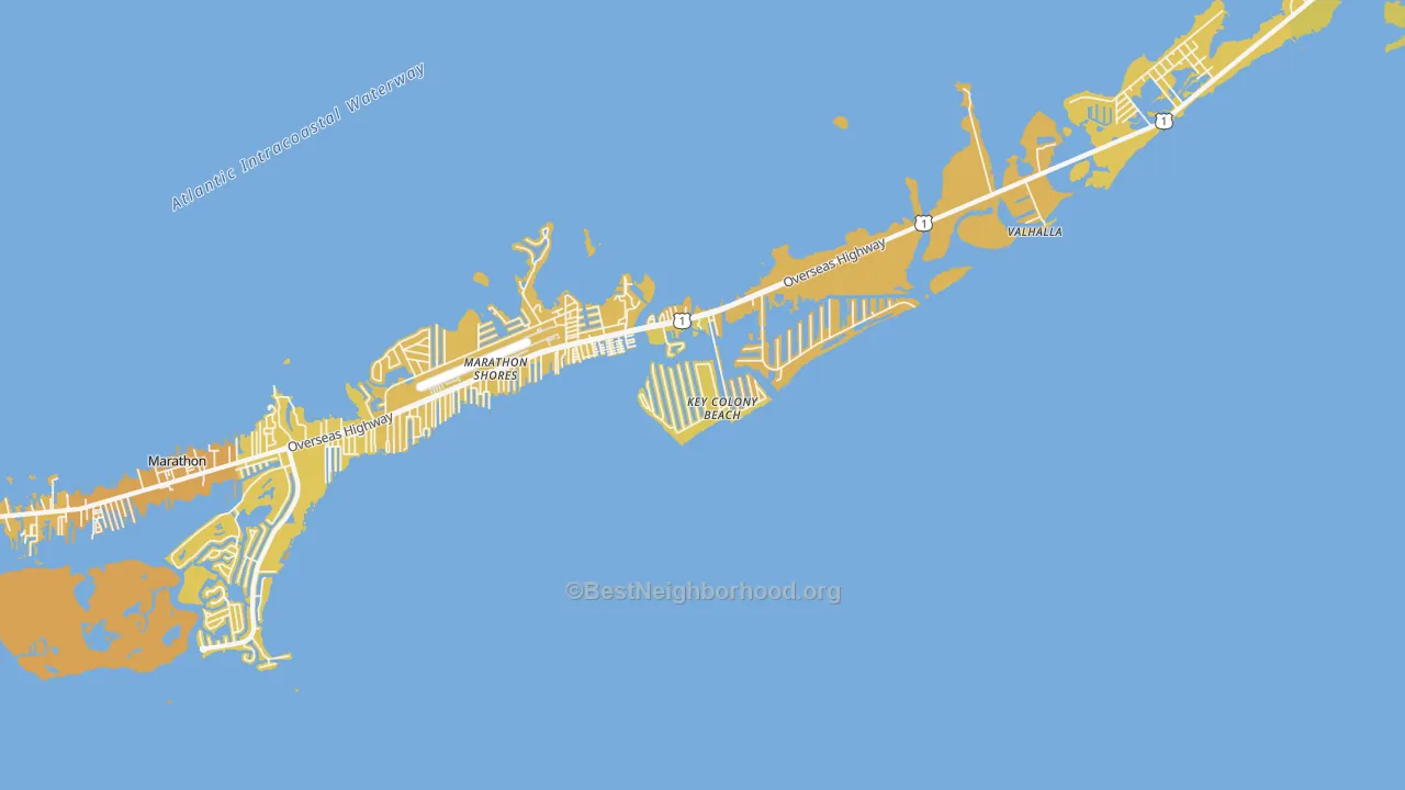 Map of the best neighborhoods in the Key Colony Beach area, with better matches in green and worse matches in red