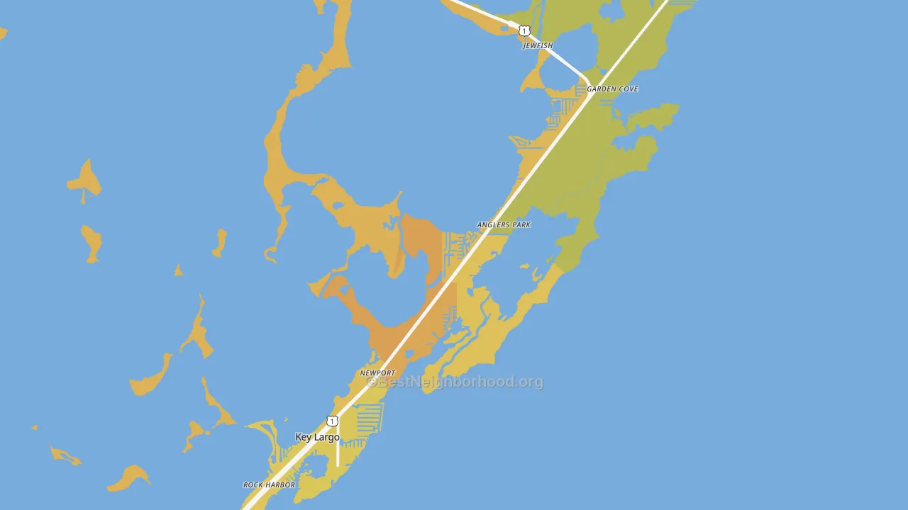 Map of the best neighborhoods in the Key Largo area, with better matches in green and worse matches in red