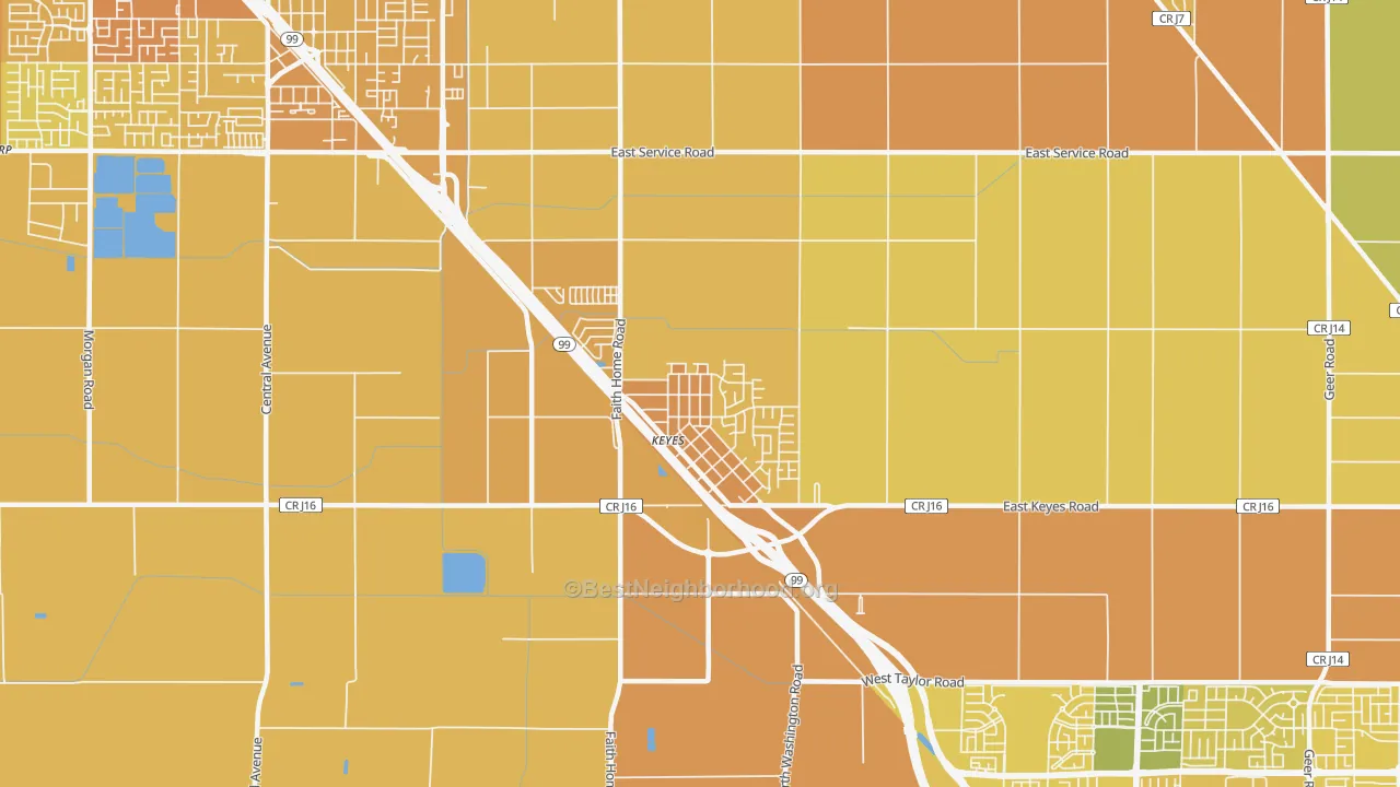 Map of the best neighborhoods in the Keyes area, with better matches in green and worse matches in red