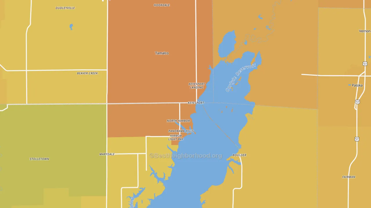 Map of the best neighborhoods in the Keyesport area, with better matches in green and worse matches in red