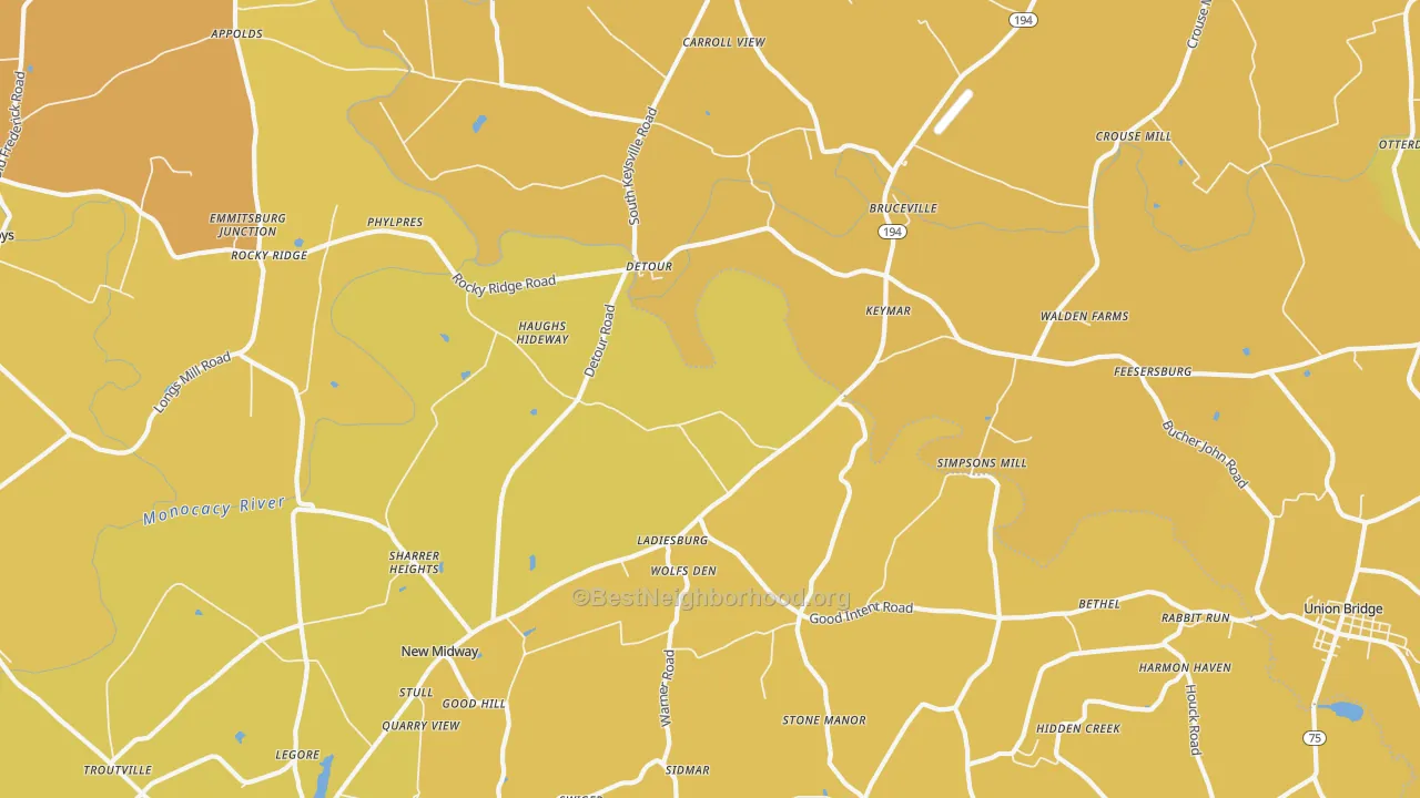 Map of the best neighborhoods in the Keymar area, with better matches in green and worse matches in red
