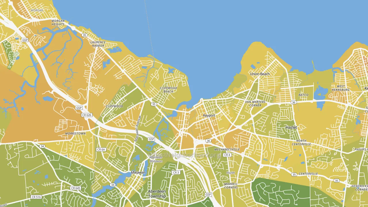 Map of the best neighborhoods in the Keyport area, with better matches in green and worse matches in red