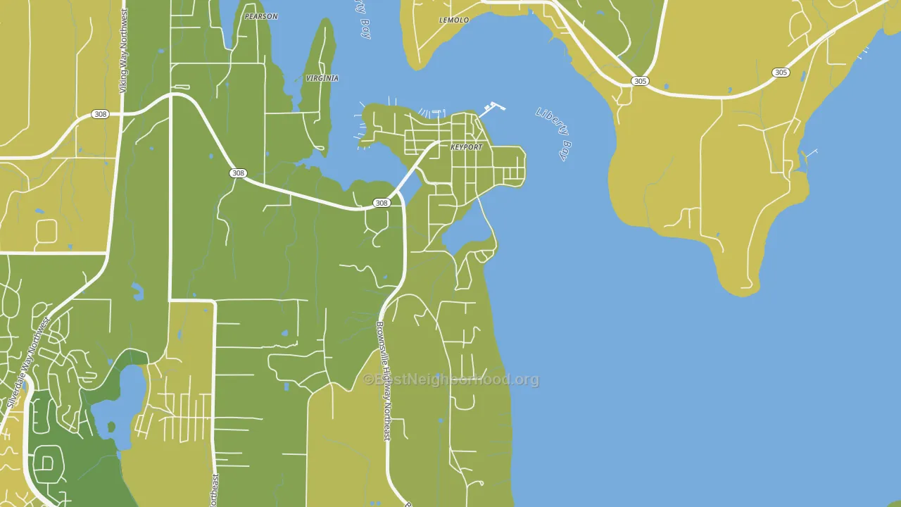 Map of the best neighborhoods in the Keyport area, with better matches in green and worse matches in red