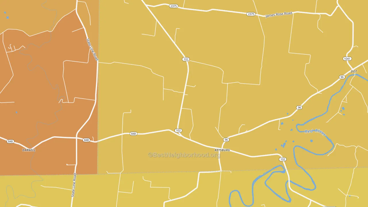 Map of the best neighborhoods in the Keysburg area, with better matches in green and worse matches in red