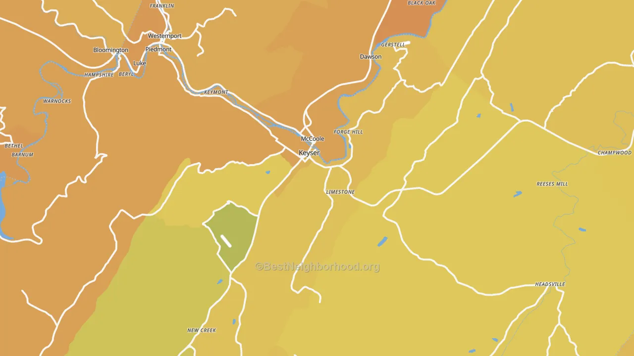 Map of the best neighborhoods in the Keyser area, with better matches in green and worse matches in red