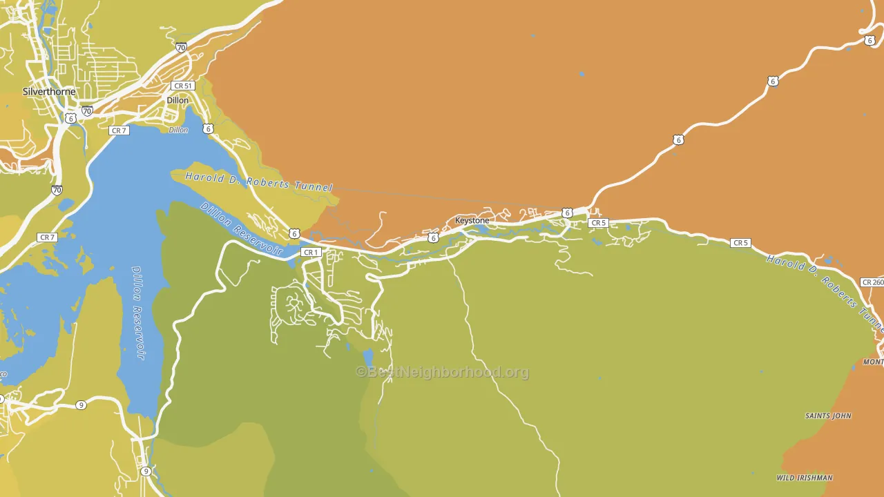 Map of the best neighborhoods in the Keystone area, with better matches in green and worse matches in red