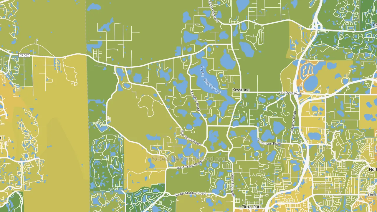 Map of the best neighborhoods in the Keystone area, with better matches in green and worse matches in red