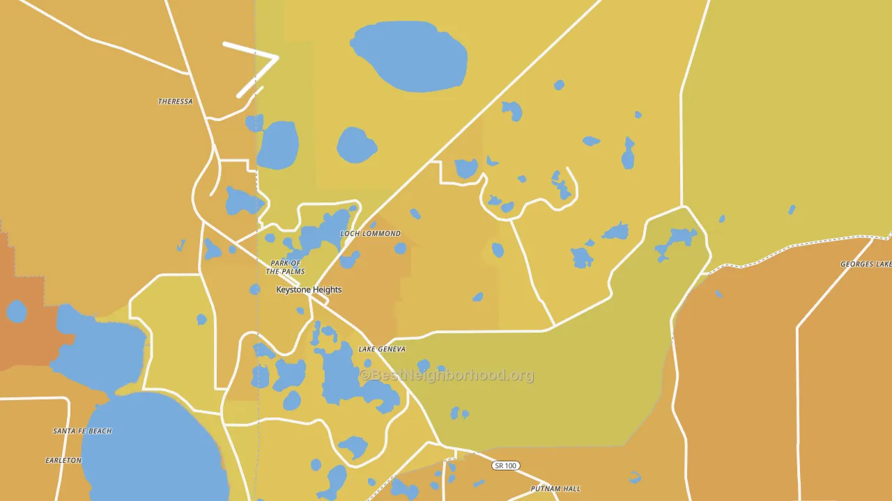 Map of the best neighborhoods in the Keystone Heights area, with better matches in green and worse matches in red