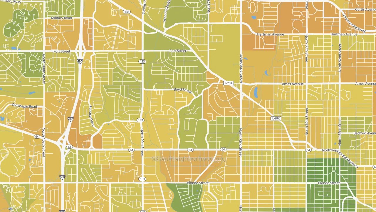 Map of the best neighborhoods in the Keystone, Omaha area, with better matches in green and worse matches in red