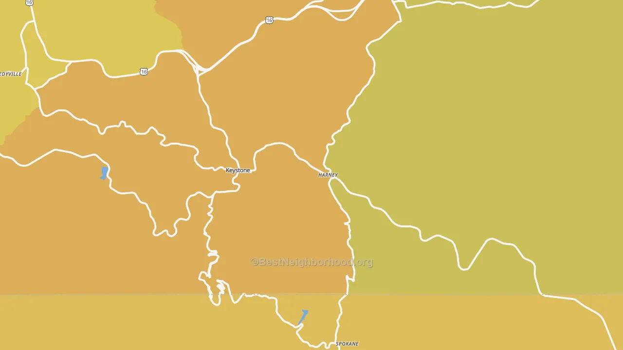 Map of the best neighborhoods in the Keystone area, with better matches in green and worse matches in red