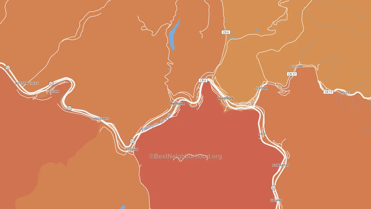 Map of the best neighborhoods in the Keystone area, with better matches in green and worse matches in red