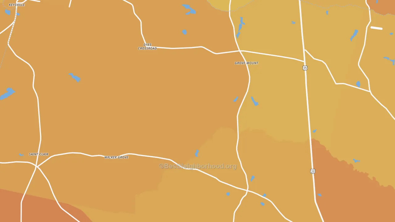 Map of the best neighborhoods in the Keysville area, with better matches in green and worse matches in red