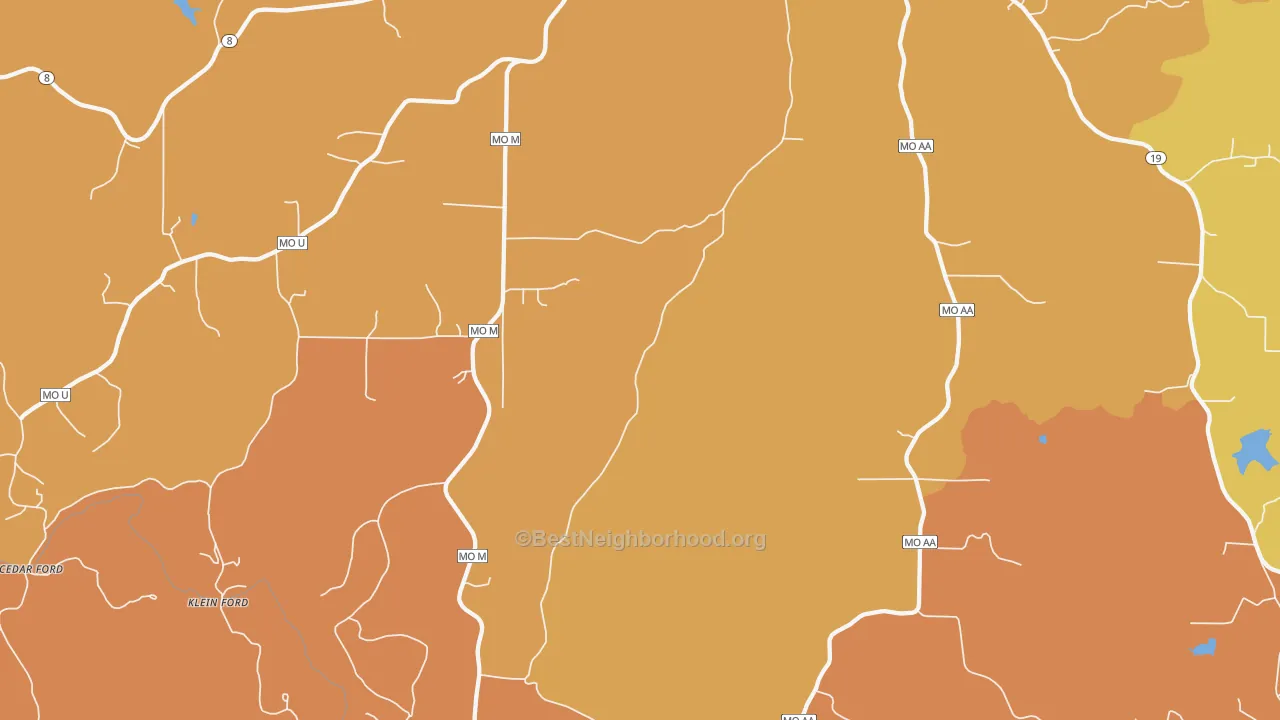 Map of the best neighborhoods in the Keysville area, with better matches in green and worse matches in red