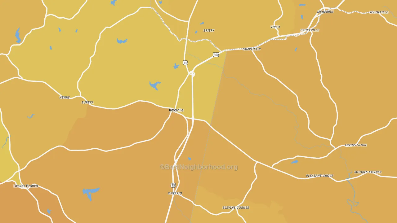 Map of the best neighborhoods in the Keysville area, with better matches in green and worse matches in red