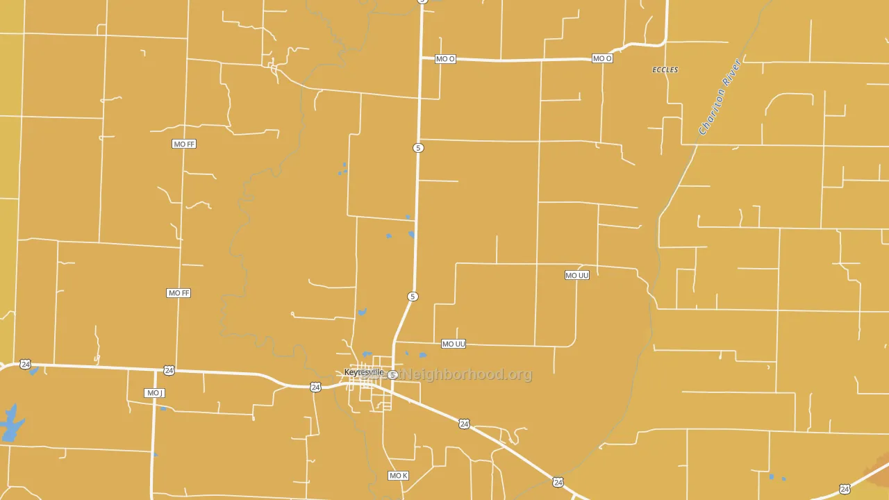 Map of the best neighborhoods in the Keytesville area, with better matches in green and worse matches in red
