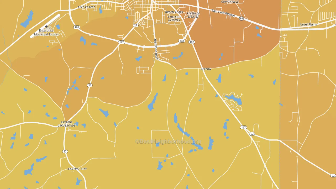 Map of the best neighborhoods in the Keyton area, with better matches in green and worse matches in red