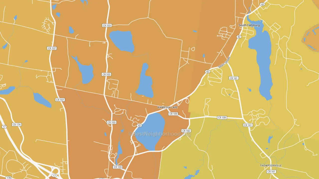 Map of the best neighborhoods in the Kiamesha Lake area, with better matches in green and worse matches in red