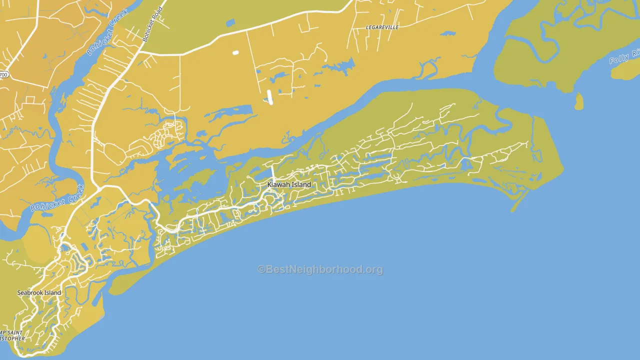 Map of the best neighborhoods in the Kiawah Island area, with better matches in green and worse matches in red