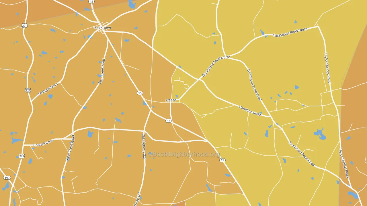 Map of the best neighborhoods in the Kibbee area, with better matches in green and worse matches in red