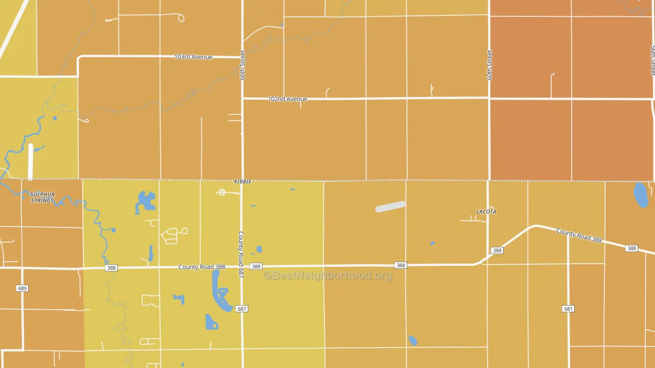 Map of the best neighborhoods in the Kibbie area, with better matches in green and worse matches in red