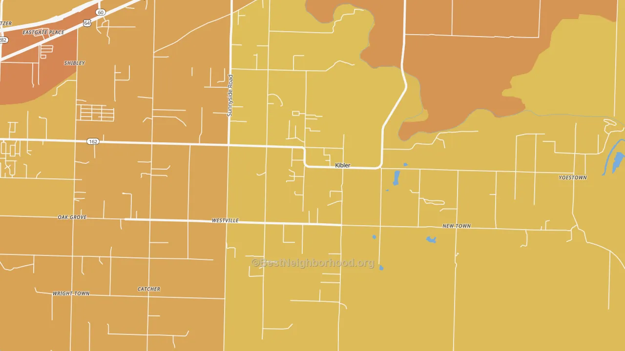 Map of the best neighborhoods in the Kibler area, with better matches in green and worse matches in red