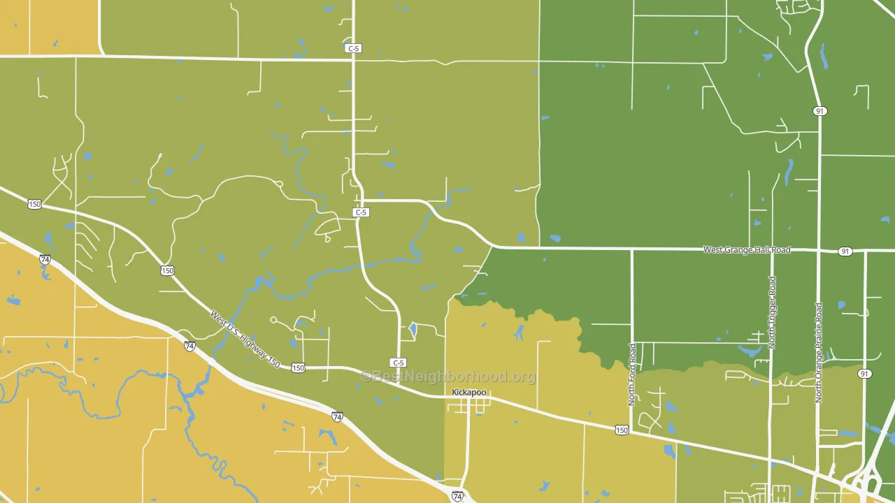 Map of the best neighborhoods in the Kickapoo area, with better matches in green and worse matches in red