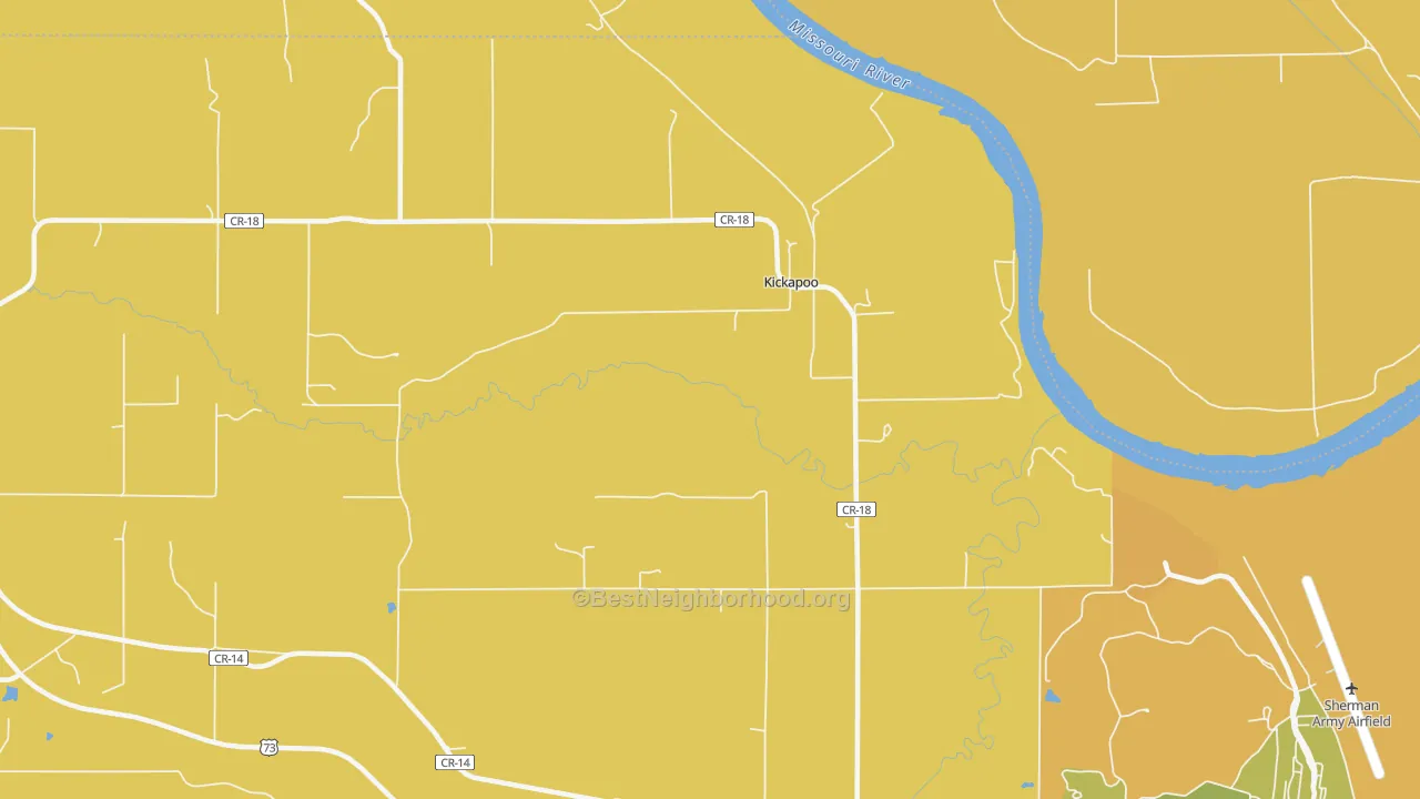 Map of the best neighborhoods in the Kickapoo area, with better matches in green and worse matches in red
