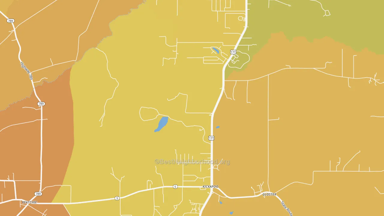 Map of the best neighborhoods in the Kickapoo area, with better matches in green and worse matches in red