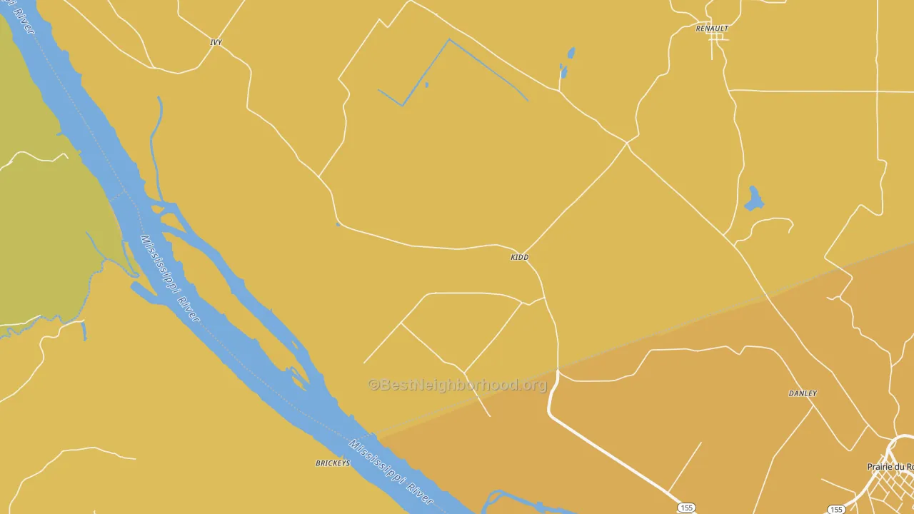Map of the best neighborhoods in the Kidd area, with better matches in green and worse matches in red