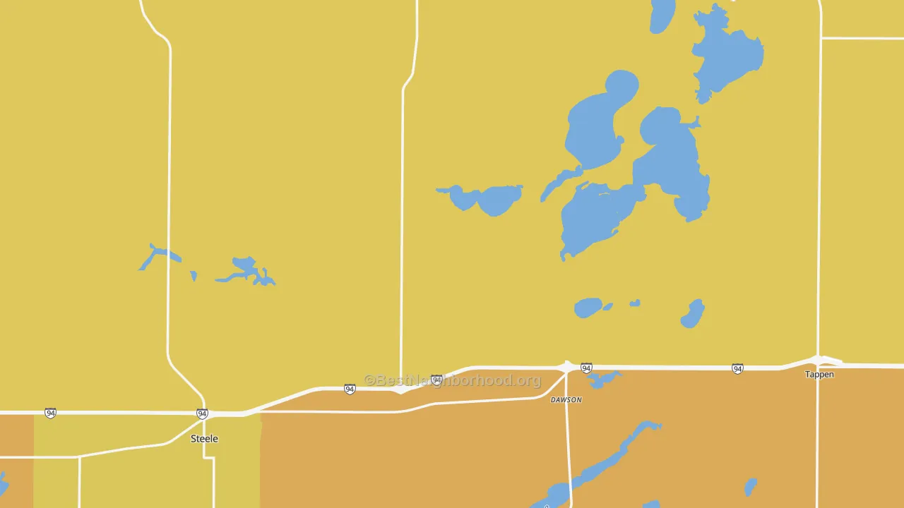 Map of the best neighborhoods in the Kidder County area, with better matches in green and worse matches in red