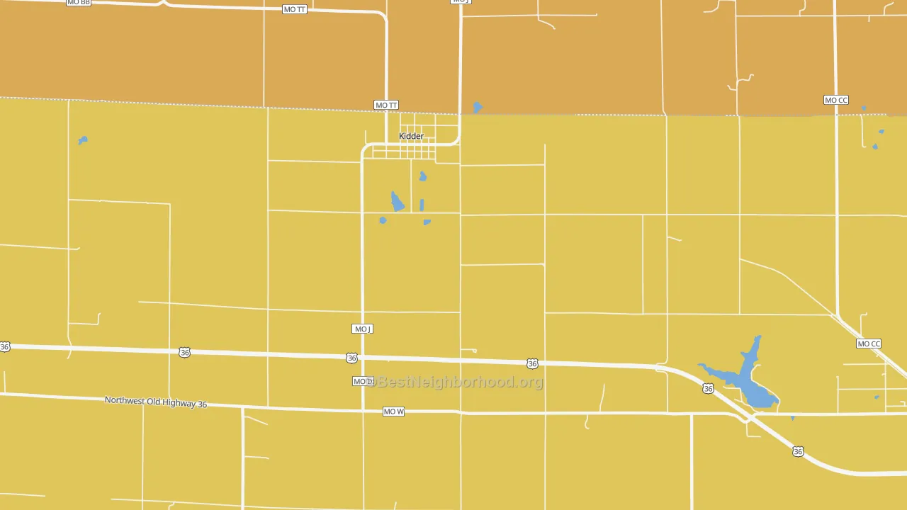 Map of the best neighborhoods in the Kidder area, with better matches in green and worse matches in red