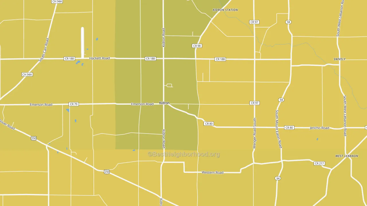 Map of the best neighborhoods in the Kidron area, with better matches in green and worse matches in red